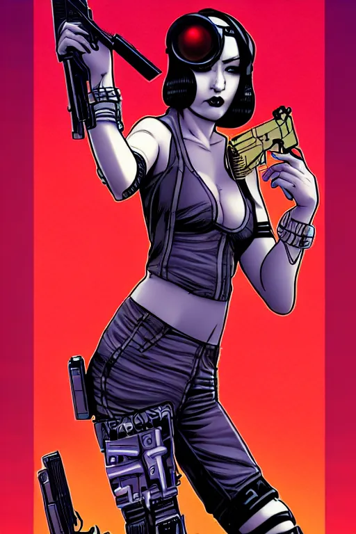 Prompt: comic cover art of a cyberpunk ( flapper girl ) holding a revolver, inspired by gunsmith cats and sin city, by jenny frison and sana takeda, intricate details, stunning inking lines, stunning gradient colors, 4 k, hd, artstation