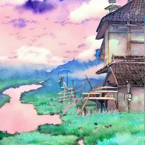 Image similar to gibli studio background anime style background watercolor painting, hayao miyazaki painting