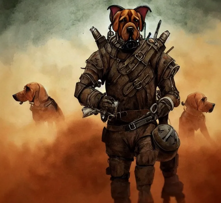 Image similar to a good ol'floppy - eared bloodhound pup fursona ( from the furry fandom ), heavily armed and armored facing down armageddon in a dark and gritty version from the makers of mad max : fury road. witness me.