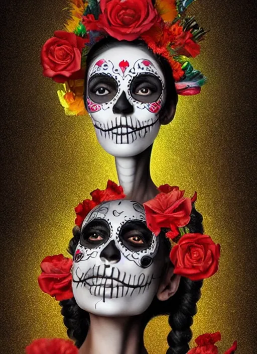 Image similar to dia de los muertos theme surrealist!!! art in the styles of igor morski, jim warren, and aida muluneh, intricate, hyperrealistic, accurate facial details, profile picture with chromakey!!!!! background, volumetric lighting