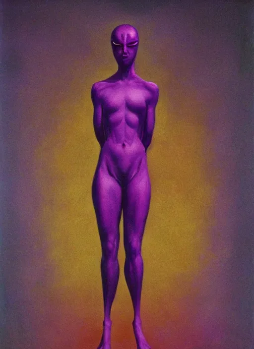 Prompt: dark samus in the style of zdzisław beksinski, full body portrait, [ [ [ [ [ [ purple ] ] ] ] ] ] ], veiny, phazon