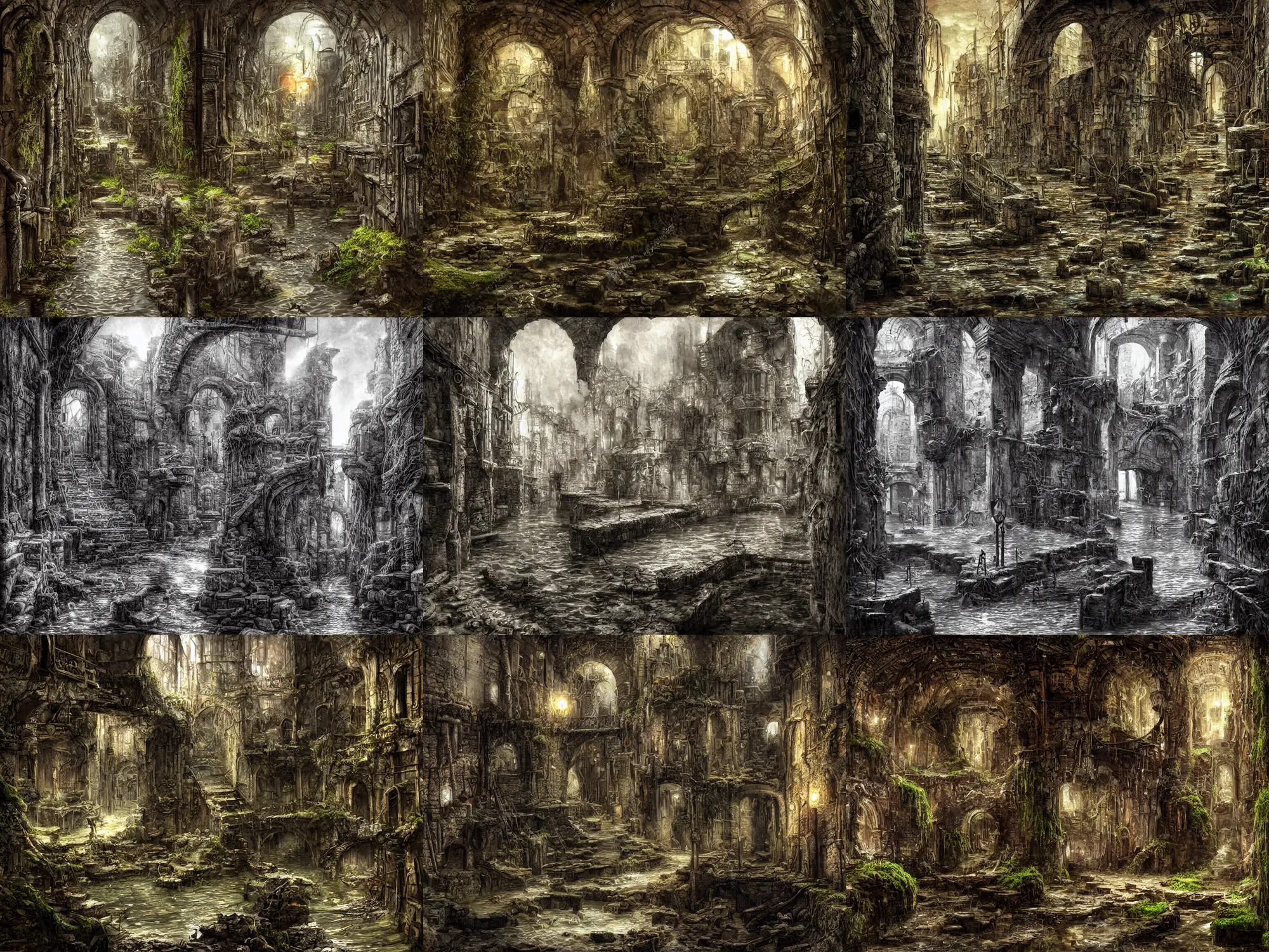 Prompt: inside the ancient flooded sewers in the old part of the city. fantasy art, adventure, wet, standing water, channel, underground canal, boat with lamp, running water, stream, channel, musty, moss, sewage, dark, underground, abandoned spaces, torch - lit. by piranesi and fred fields