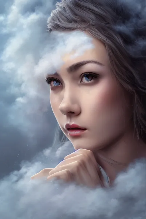 Prompt: Goddes of Clouds, Mist and Smoke, , pretty face, ultra detailed, digital art, 8k ,character ,realistic, portrait, hyperrealistic