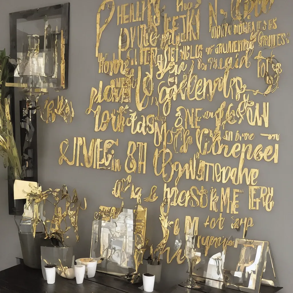 Image similar to 3 meaningless verbs printed as home decoration items, golden font, pointless