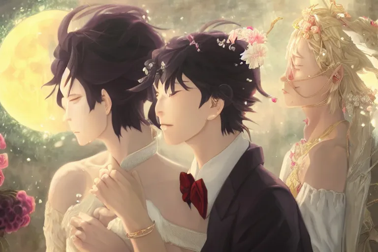 Image similar to a dreamlike portrait of wedding close up moment of a divine a japan sun god and moon goddess lovers magician at a wedding banquet. highly detailed, digital painting, fantasy wedding screen, 8 k realistic, hyper detailed, by makoto shinkai and akihiko yoshida and hidari and wlop