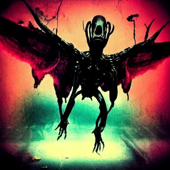 Image similar to a dark artistic photo of an alien creature with crazy wings, big budget horror, a polaroid photo, bleeding decaying colors!