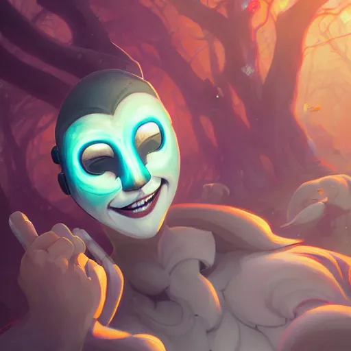 Image similar to a portrait of a cinematic still of the smiling happy mask salesman, art by lois van baarle and loish and ross tran and rossdraws and sam yang and samdoesarts and artgerm and saruei and disney, digital art, highly detailed, intricate, sharp focus, trending on artstation hq, deviantart, unreal engine 5, 4 k uhd image