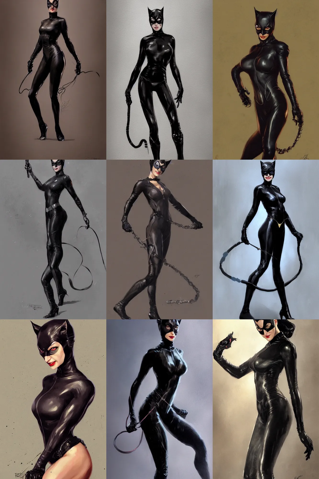Prompt: full length portrait of catwoman from dc by greg rutkowski, highly detailed, portrait, scifi, digital painting, artstation, concept art, smooth, sharp focc
