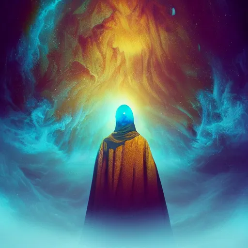 Prompt: a cloaked figure looking over a canyon landscape, face of a nebula within an orb, figure wearing gold and turquoise silken robe, in the style of jin kagetsu, wlop, masterpiece, award winning, misty morning, sharp focus, intricate concept art, 2 0 0 mm lens, hyperrealistic photography, lighting, 4 k, artstation