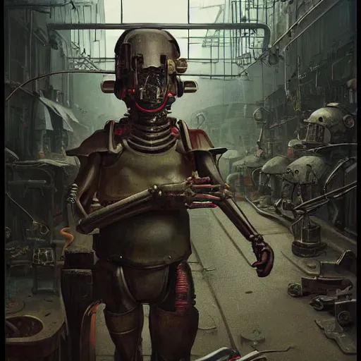 Image similar to closeup portrait of minimalist cyborg midget goblin with painful implants inside byzantine kowloon hoarder workshop filled with dieselpunk equipment, socialist realist composition by by greg rutkowski and h. r. giger and stalenhag and deak ferrand, studio ghibli composition