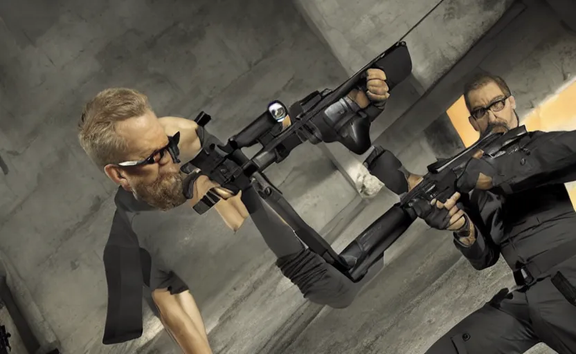 Prompt: gordon freeman vs james bond photorealistic gun fight, wide angle