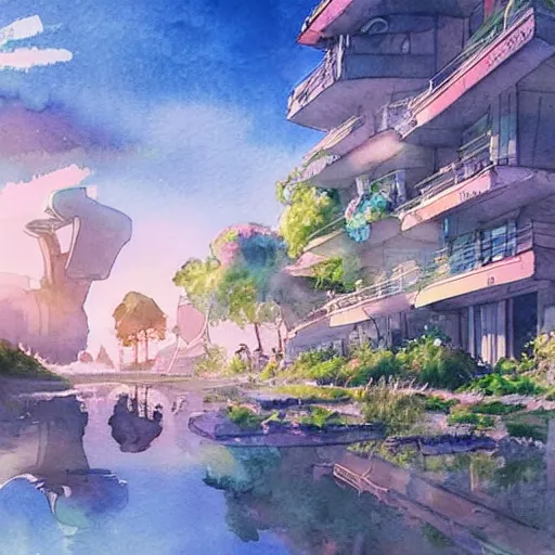 Image similar to Beautiful happy picturesque charming futuristic sci-fi town in harmony with nature. Beautiful light. Water and plants. Nice colour scheme, soft warm colour. Beautiful detailed watercolor by Lurid. (2022)