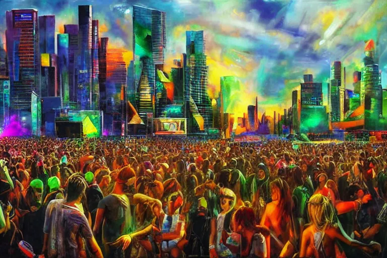 Prompt: 4 k hyper realistic oil painting of 2 0 0 0 s city at amn electronic music festival, rave, huge stage booming hard techno music, detailed painting in the style of walter douglas