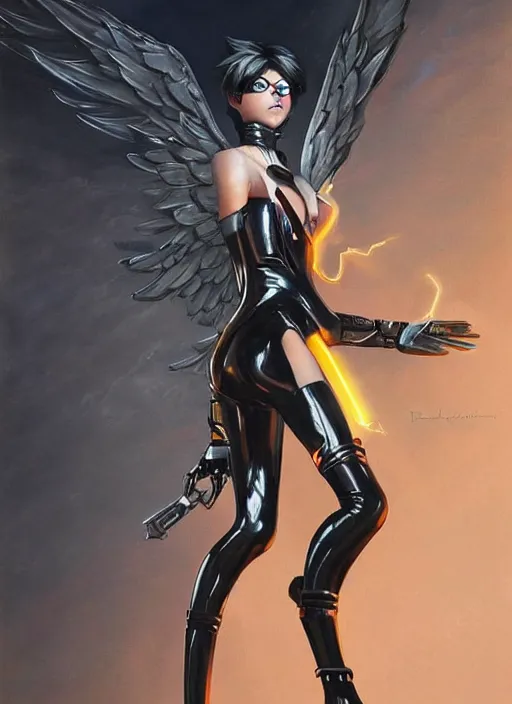 Prompt: full body artwork of tracer overwatch, wearing black latex outfit, in style of zdzisław beksinski, angel wings, dramatic painting, wearing detailed steel collar, black shiny armor, chains, black harness, detailed face and eyes,