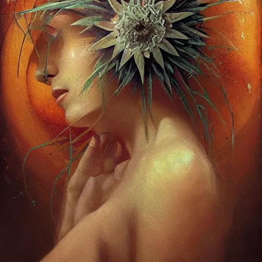 Image similar to The painting is a beautiful and haunting work of art of a series of images that capture the delicate beauty of a flower in the process of dying. The colors are muted and the overall effect is one of great sadness. clockpunk by Karol Bak, by Goro Fujita Trending on artstation