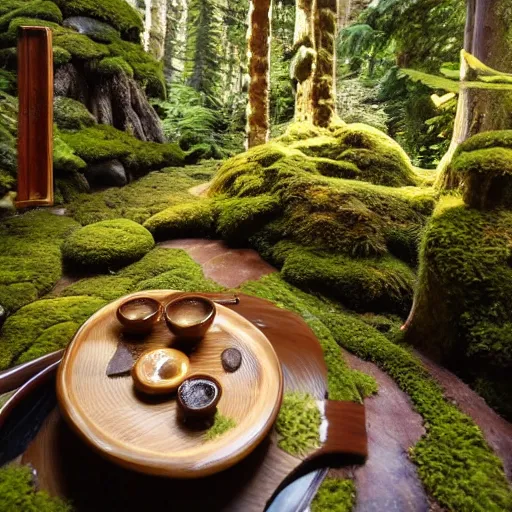 Prompt: pacific northwest tea house, moss, reishi mushrooms, teapots, forest themes, beautiful elaborate interior design, modern teahouse design, j-tea international