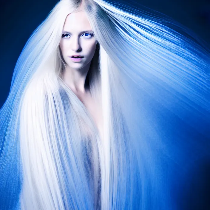 Prompt: simulating photography of a beautiful woman with long blond hair dressed in long white, fine art photography light painting in style of Paolo Roversi, professional studio lighting, volumetric lighting, dark blue background, hyper realistic photography, fashion magazine style