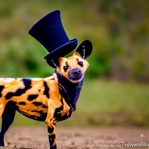 Image similar to A photo of the world's greatest showman: the african painted dog dressed in a hat!