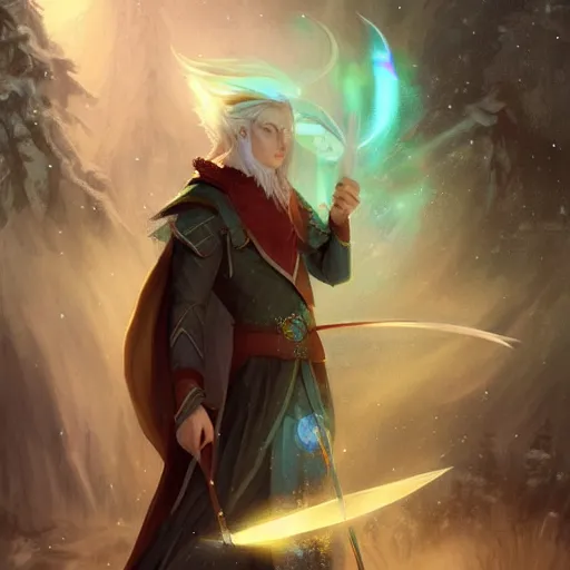 Image similar to handsome male snow elf with pointed ears in a turquoise cape as an archer, albino skin, moonlight snowing, ethereal opalescent mist, winter vibes, perfect face, elegant, very coherent symmetrical artwork, by wenjun lin, krenz cushart, charlie bowater, trending on artstation