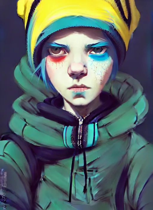 Prompt: highly detailed portrait of a sewer punk lady student, blue eyes, tartan hoody, hat, white hair by atey ghailan, greg rutkowski, greg tocchini, james gilleard, joe fenton, kaethe butcher, gradient yellow, black, brown and cyan color scheme, grunge aesthetic!!! ( ( graffiti tag wall ) )