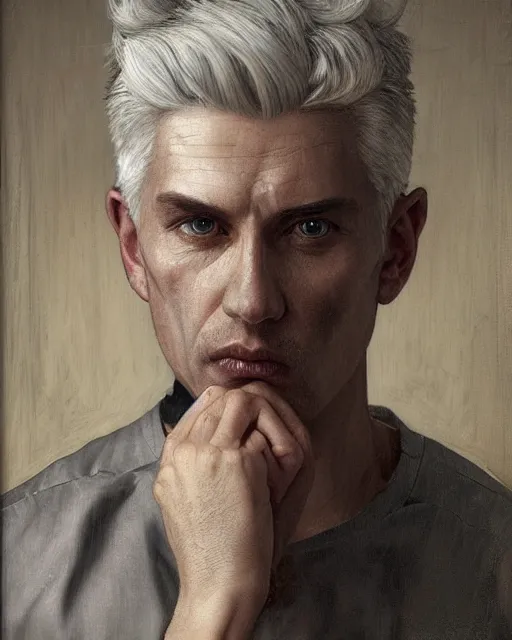 Image similar to portrait of 4 0 - year - old man with white hair with a pale complexion, pointed face and grey eyes, clear smooth face, no beard, wearing black clothes, haughty facial expression, hyper realistic face, beautiful eyes, close up, fantasy art, in the style of greg rutkowski, intricate, alphonse mucha, hyper detailed, smooth