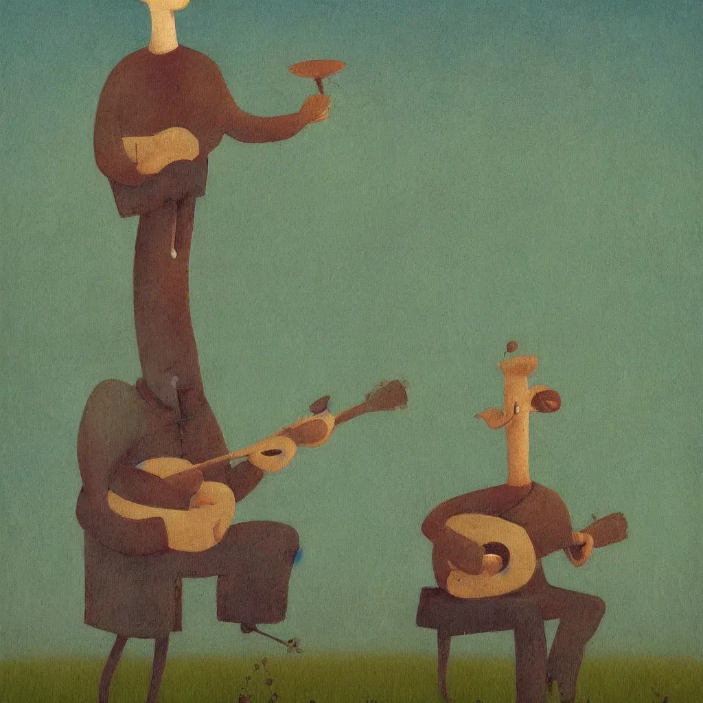 Image similar to whimsical painting of a man with a guitar for a head standing in a green field, painted by shaun tan, award winning painting