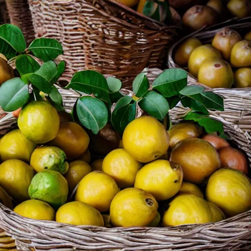 Prompt: Basket full of passion fruit, cherimoyas, and lucumas. Fruit market in the background, god rays pass through the window, high quality photography, 4k