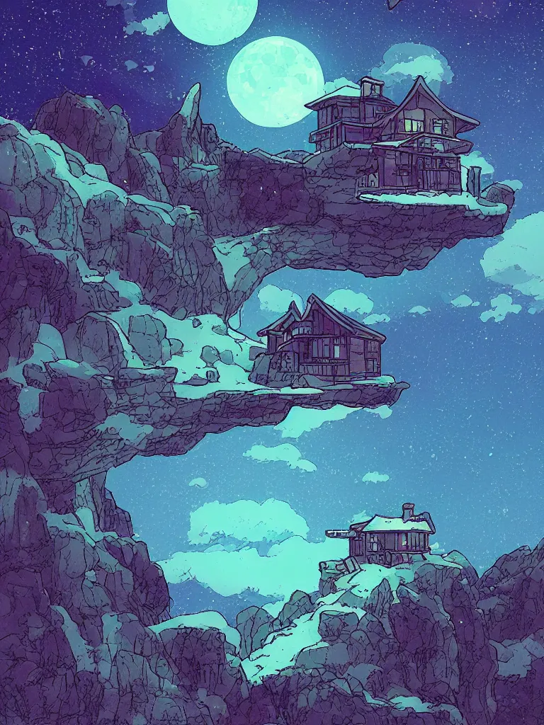 Image similar to a digital art of a small house on the cliff, a huge icy blue moon, a purple sky full of small stars, by laurie greasley, artstation, studio ghibli color scheme