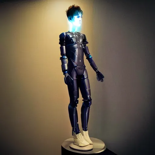 Image similar to “a realistic detailed photo of a guy who is an attractive humanoid who is half robot and half humanoid, who is a male android, twitch streamer Ninja Tyler Blevins, shiny skin, posing like a statue, blank stare, streaming”