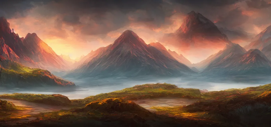 Image similar to vast beautiful landscape, color palette, wide angle, panoramic, distant mountains, lake, painting, magic the gathering, intricately detailed, award winning, artstation award, color scheme, fantasy, concept art