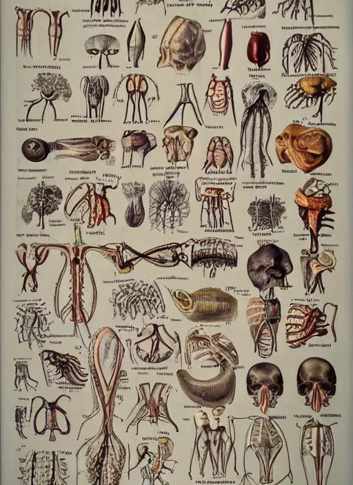 Prompt: vintage medical anatomical illustration of critters ( 1 9 8 6 ), highly detailed, labels, intricate writing