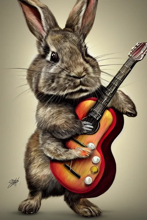 Image similar to A hyperdetailed digital oil painting of A rabbit is playing the guitar,cartoon, Trending on ArtStation and DeviantArt