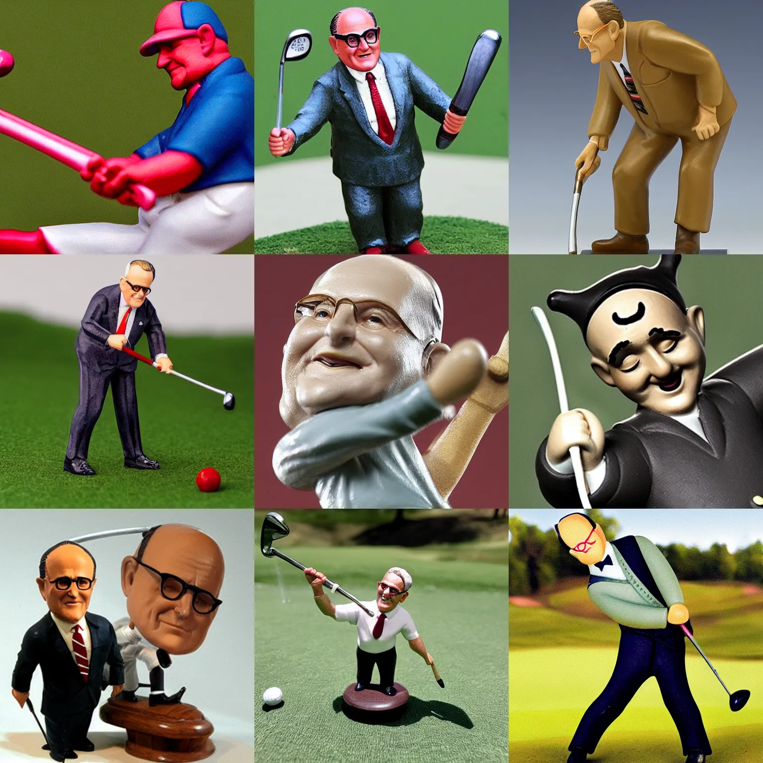 Prompt: hummel figurine of rudy giuliani swinging a golf club