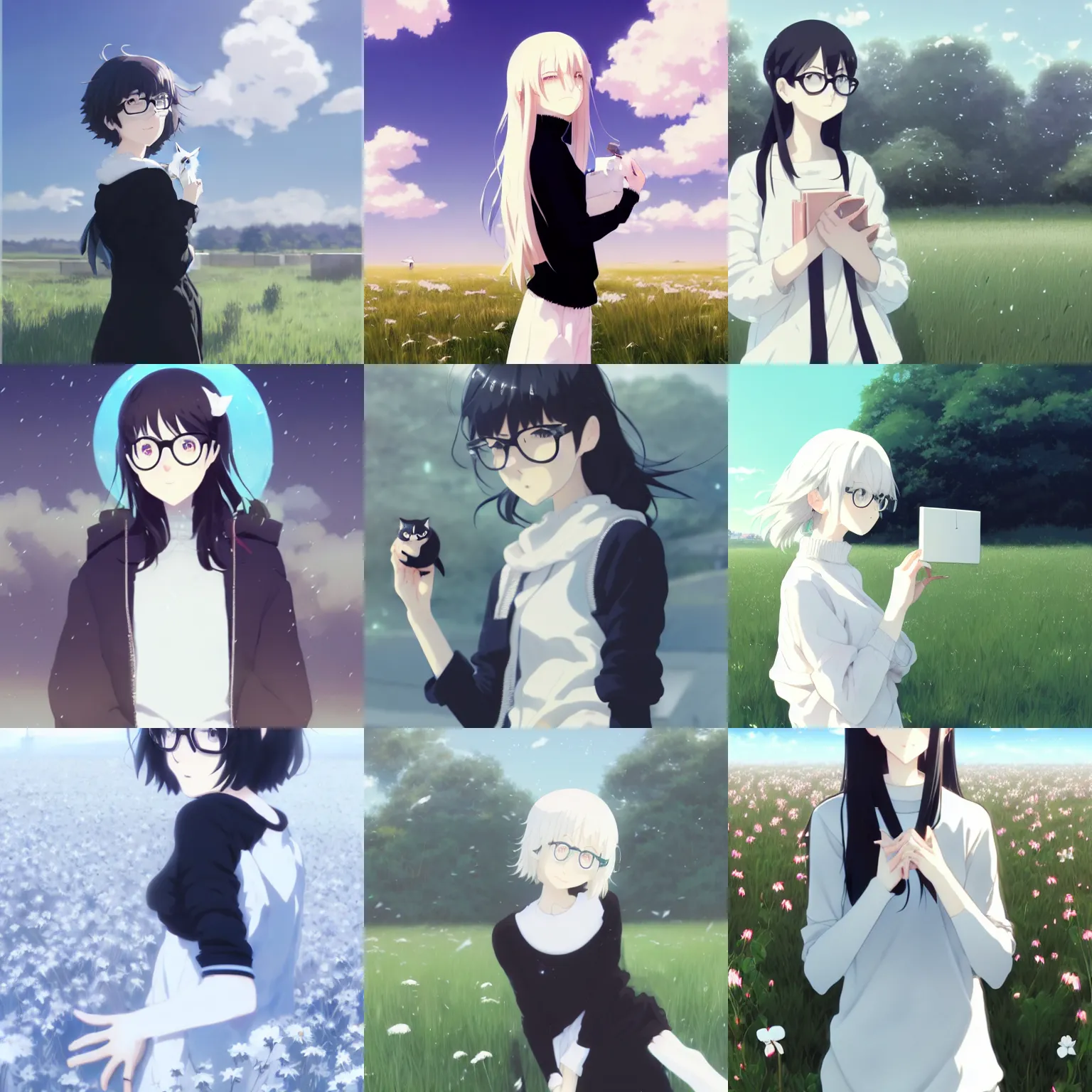 Prompt: cute girl in black sweater white white pale hair white white pale hair white white pale hair black glasses standing full body field background by greg rutkowski makoto shinkai kyoto animation key art feminine wlop smile holding cat in hands