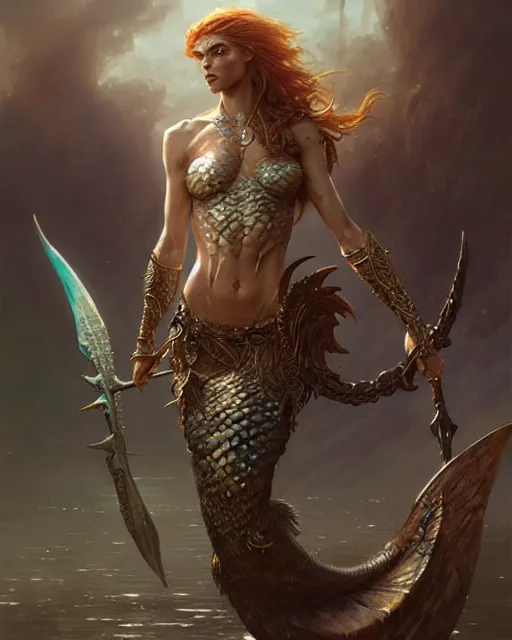 Image similar to a fierce mermaid warrior, fantasy character portrait, ultra realistic, concept art, intricate details, highly detailed by greg rutkowski, gaston bussiere, craig mullins, simon bisley