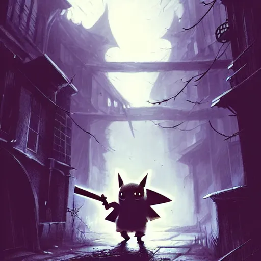 Image similar to pikachu in a back alley wielding a machete and a blunderbuss, art by greg rutkowski, in the style of bloodborne and pokemon, intricate, elegant, highly detailed, smooth, sharp focus, artstation