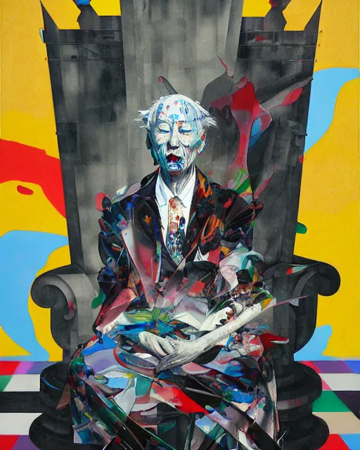 Image similar to decollage painting old struggling lord on a throne by adrian ghenie and takato yamamoto and edward hopper and mark ryden and tsutomu nihei, part by bridget riley, acrylic pour and splashing paint, very coherent, baroque elements, perfect anatomy, intricate design. pop art.