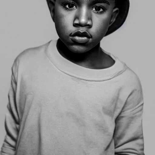 Image similar to the face of young kanye west wearing yeezy clothing at 7 years old, black and white portrait by julia cameron, chiaroscuro lighting, shallow depth of field, 8 0 mm, f 1. 8