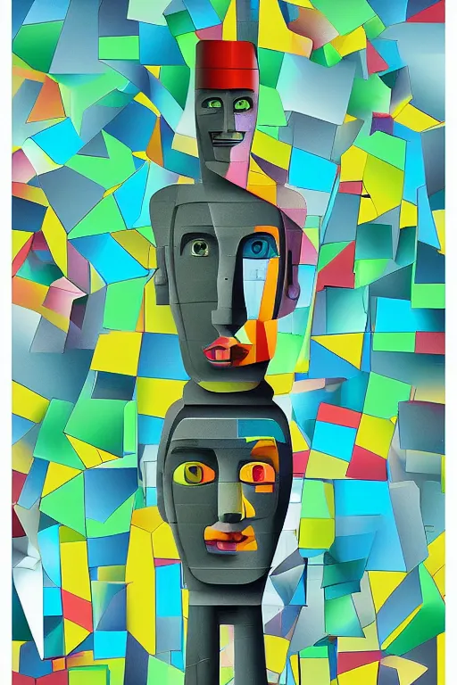 Image similar to cubist moai statue cutout digital illustration cartoon colorful beeple