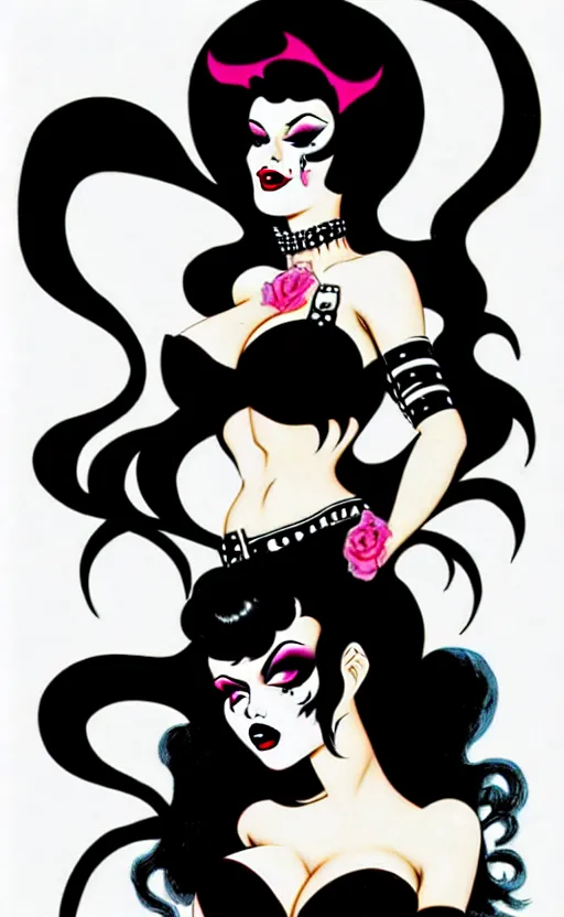 Image similar to goth girl with a detailed face and black hair, burlesque psychobilly, rockabilly, punk, white background, vector art, illustration by frank frazetta