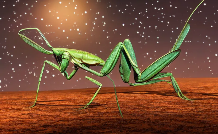 Image similar to inter dimensional sci - fi praying mantis far future, travelling across the stars, cosmos, galaxy, 8 k