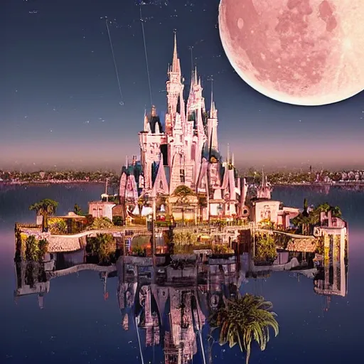 Image similar to the disney castle surrounded by giant palm trees on a giant floating island in the sky at night, a huge moon above the island illuminates the sky, cinematic, digital art by erik johansson, 8 k resolution, hyper detailed, hyper realistic, sharp focus