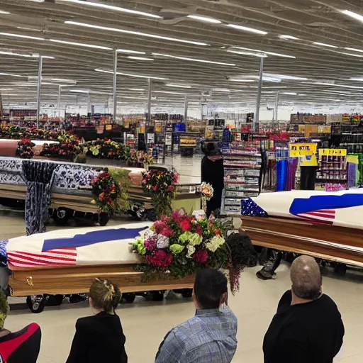 Image similar to A funeral inside a Walmart, dramatic photo