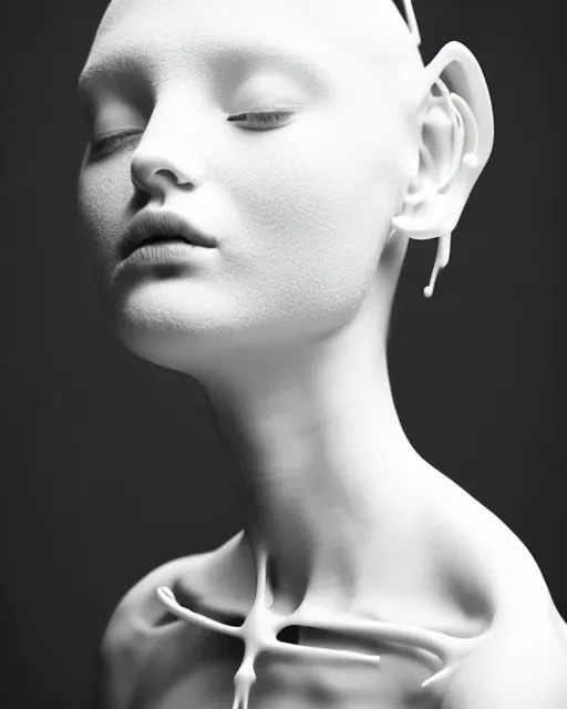 Image similar to dreamy foggy elegant soft luminous bw profile face portrait photo, beautiful young biomechanical - porcelain - female - cyborg with a delicate detailed mandelbrot fractal texture skin and a very long neck with gothic pearl embroidered collar, halo, white smoke atmosphere, rim light, by cecile beaton, 8 k