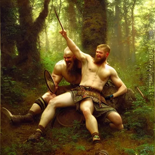 Image similar to 2 attractive male vikings frolicking in the forest. highly detailed painting by gaston bussiere, craig mullins, j. c. leyendecker, 8 k