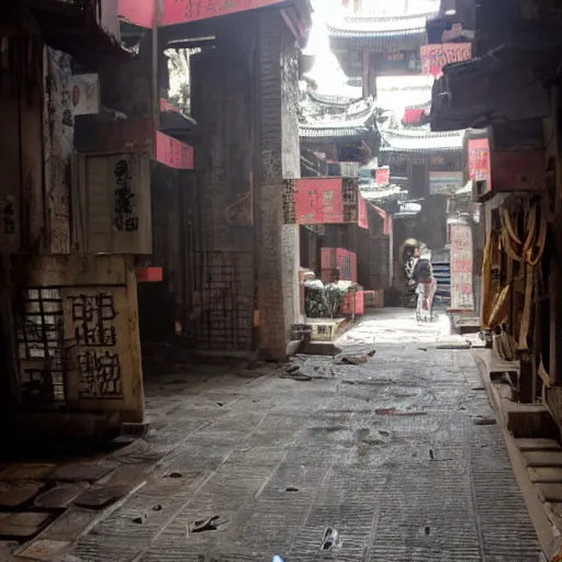 Prompt: photo inside kowloon walled city
