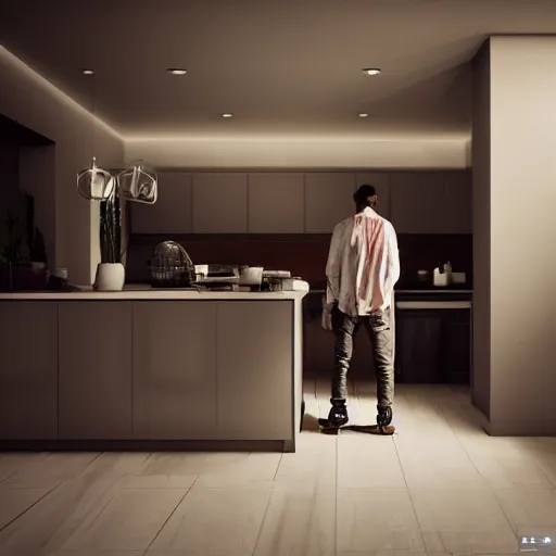 Image similar to man standing in kitchen late at night eating biscuits and drinking red wine, realistic artstyle, wide shot, dramatic lighting, octane render, hyperrealistic, high quality, highly detailed, hd, beautiful, cinematic, 8 k, unreal engine, facial accuracy, symmetrical