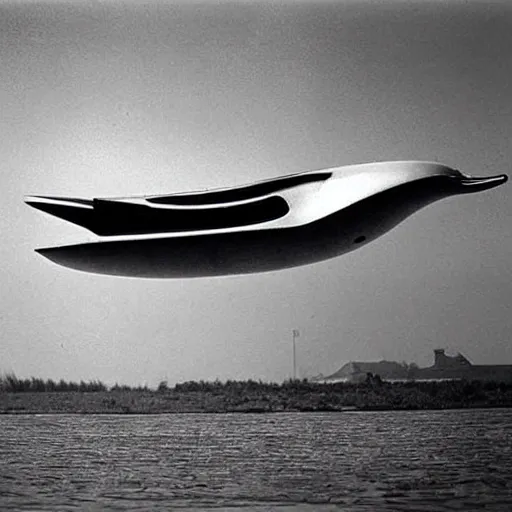 Prompt: a spaceship in the shape of a duck, 1960s photograph