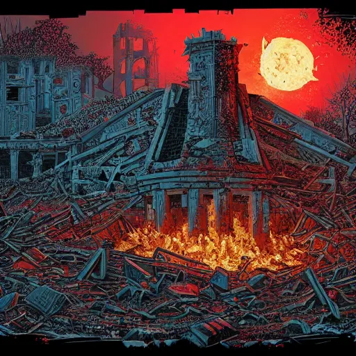 Prompt: a bloody sacrificial alter in ruins by Dan Mumford. Post apocalyptic