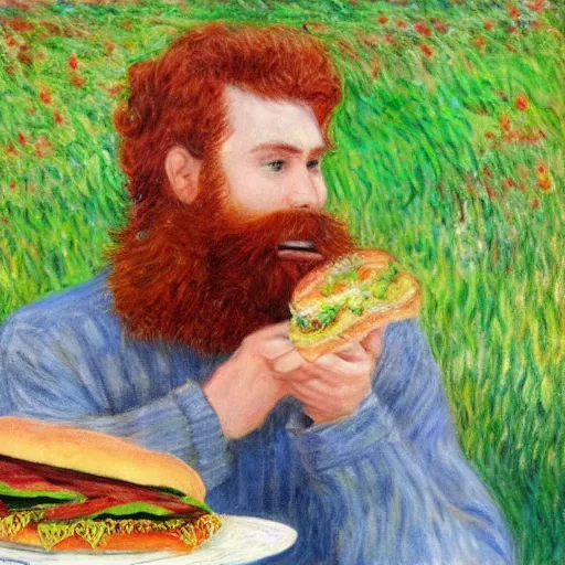 Image similar to ginger young handsome man with beard eating hamburger happily by monet